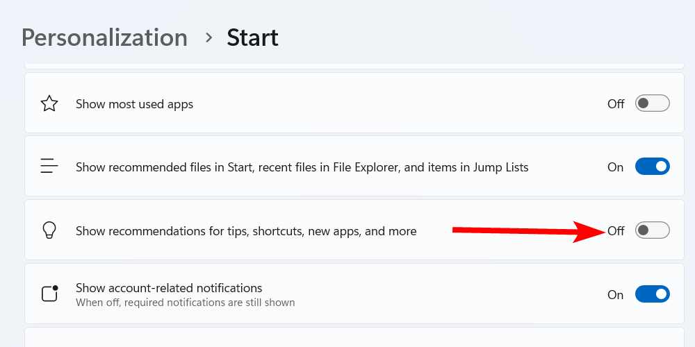 Disabling Start Menu ads on Windows 11.