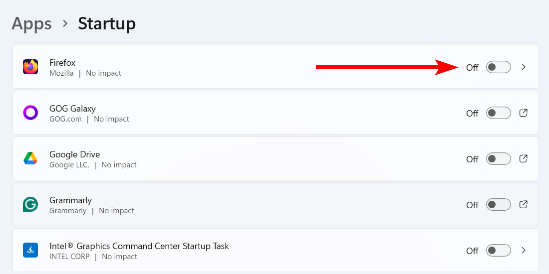 Disabling startup apps on Windows in the Settings app.