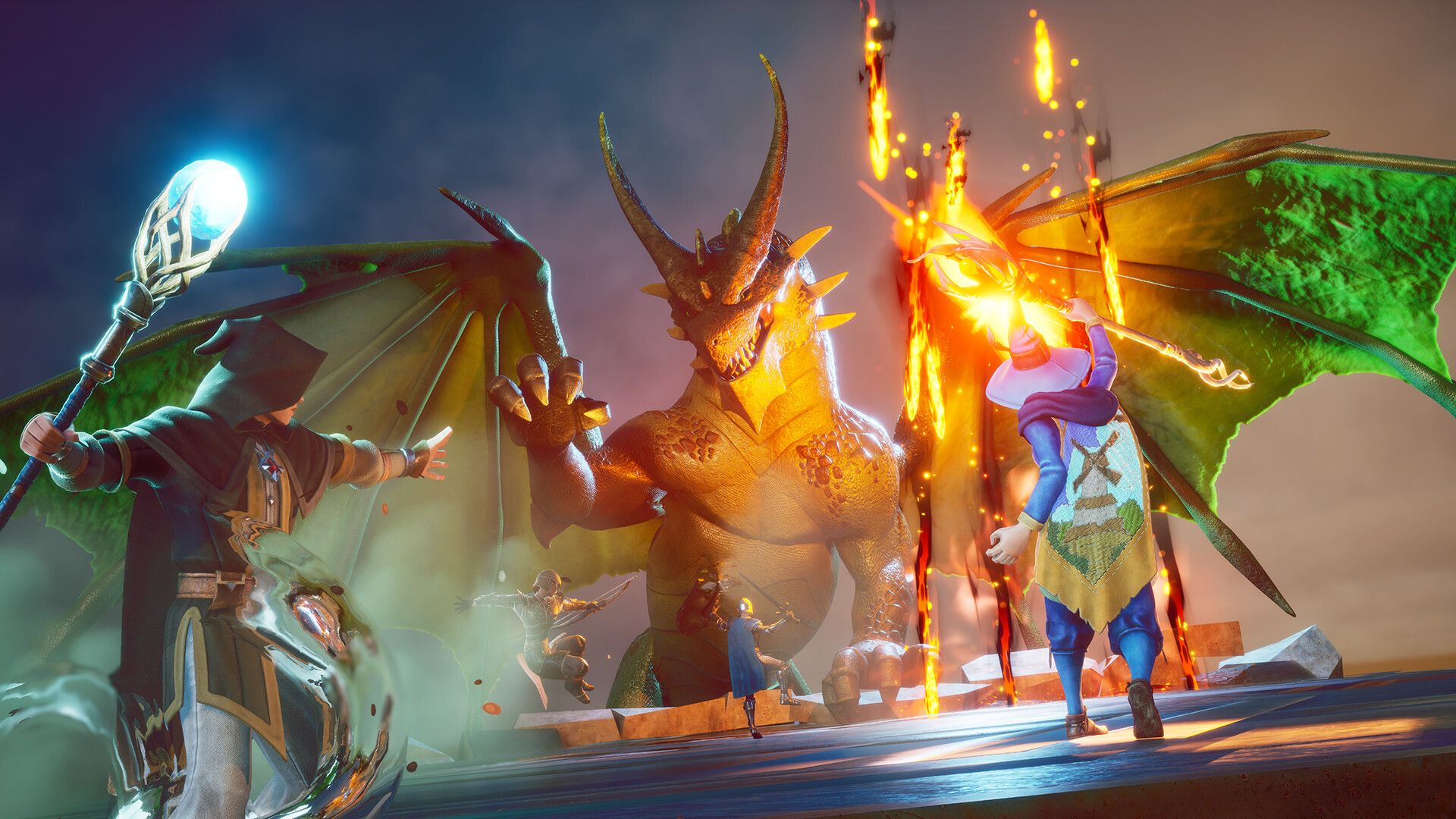 Players battling a dragon in RuneScape Dragonwilds.
