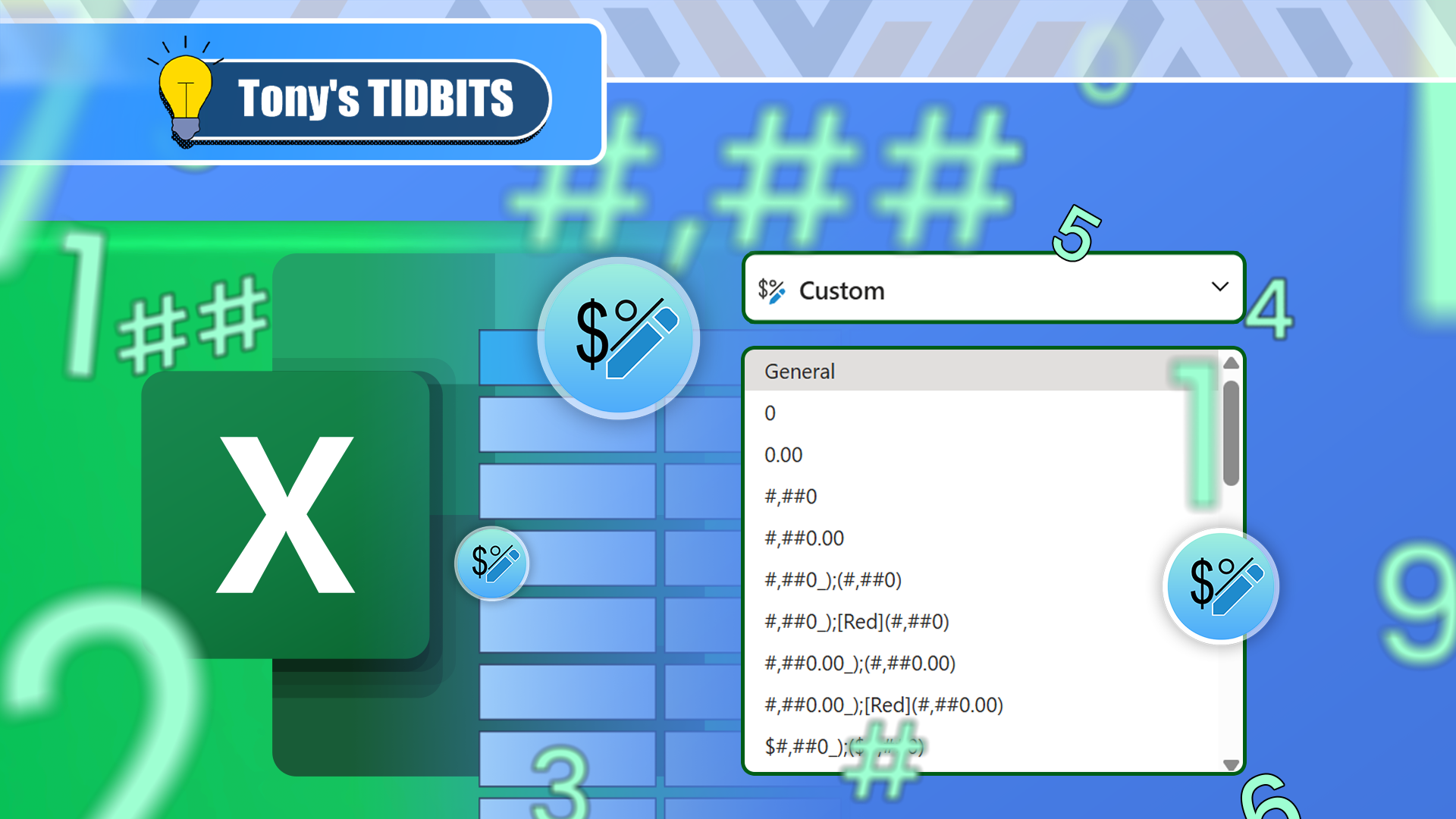 The Excel interface highlighting custom formatting, numbers around the screen, and the Excel logo on the left.