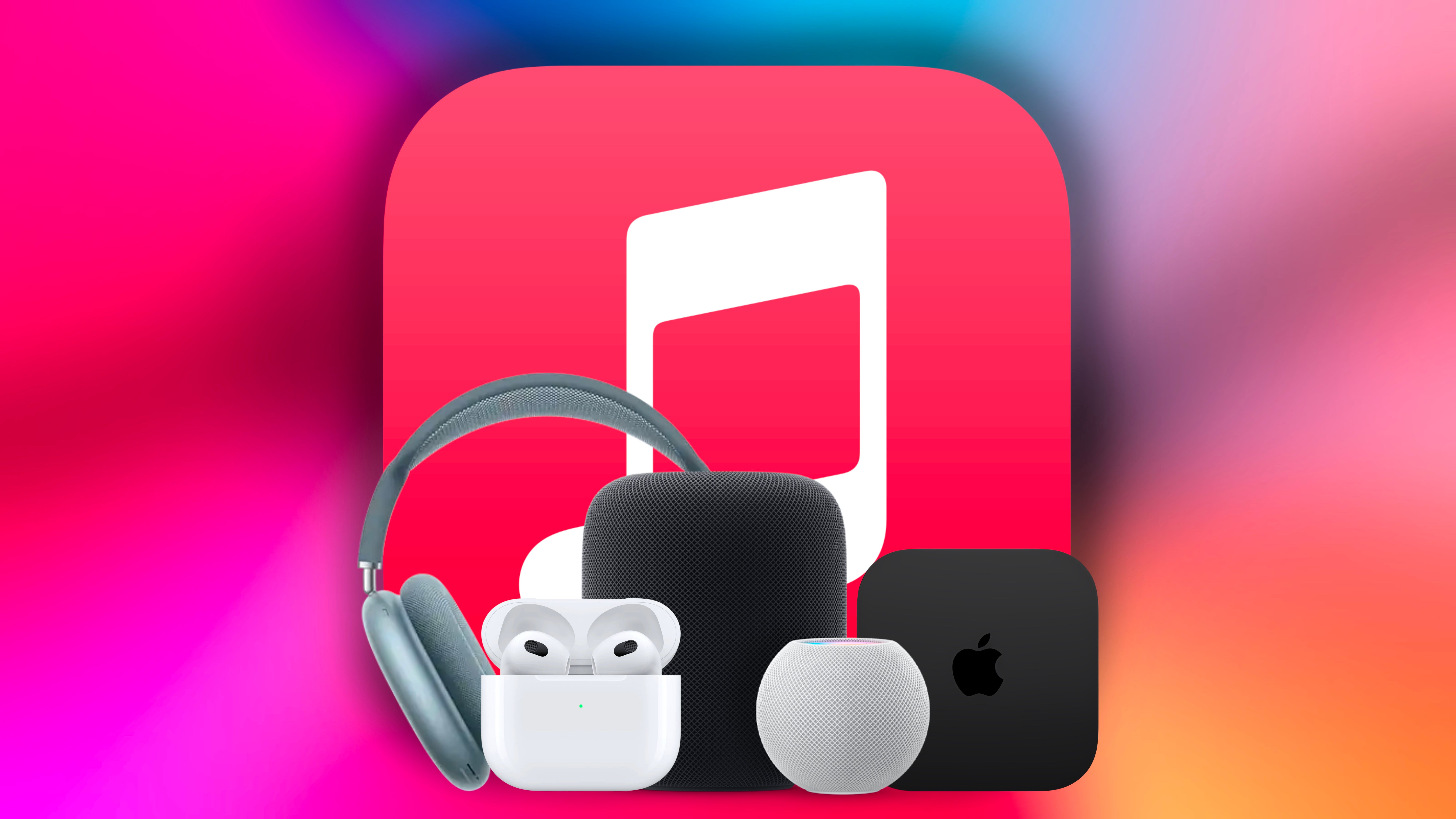 Different Apple devices in front of the Apple Music logo against a colorful background.