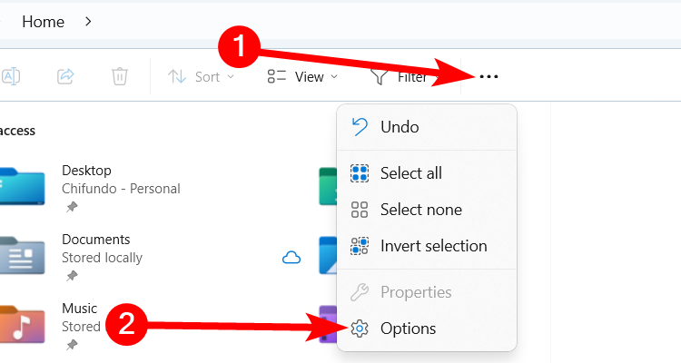 Opening Folder Options in File Explorer on Windows 11.