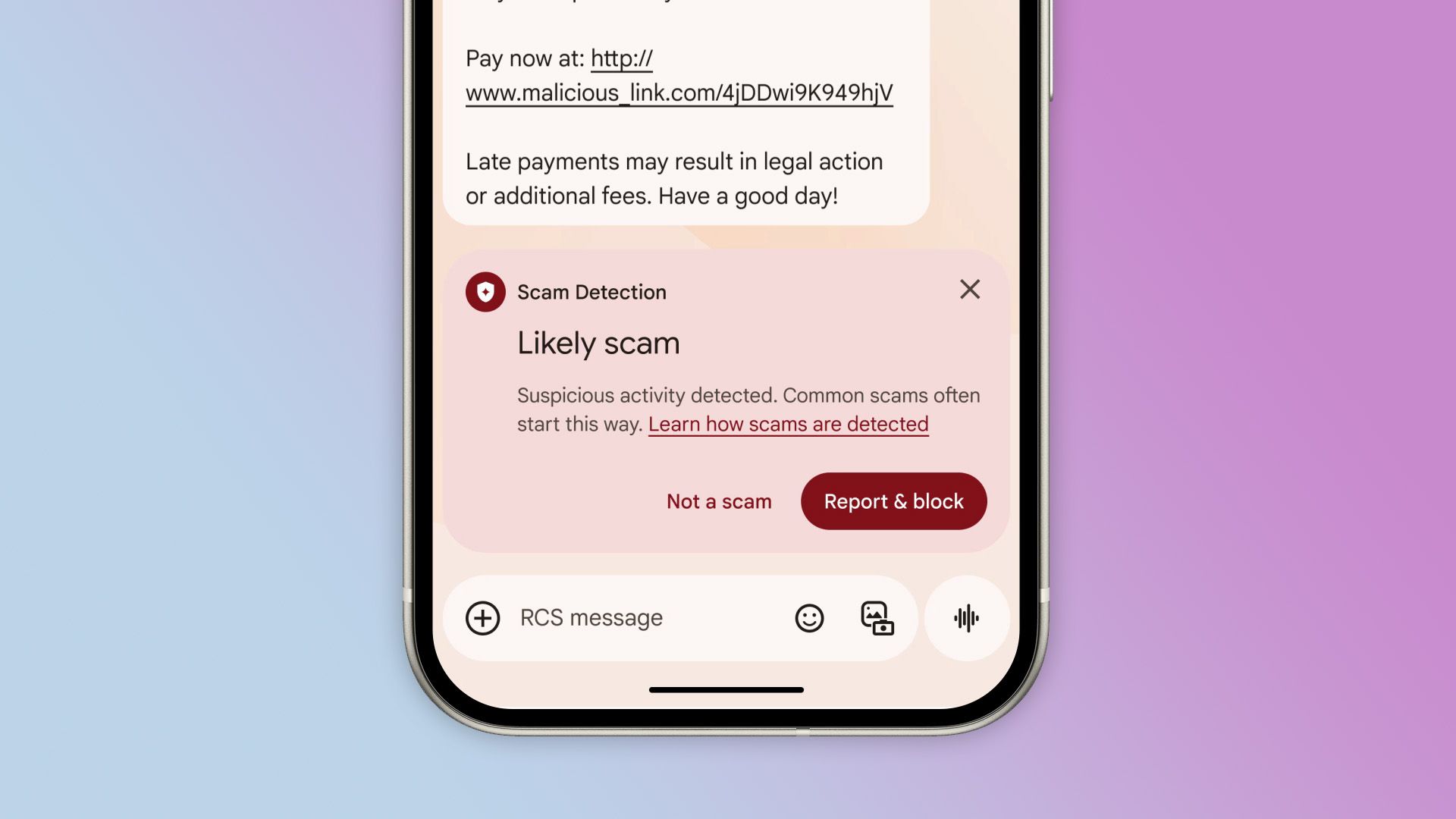 Scam detected in Google Messages.