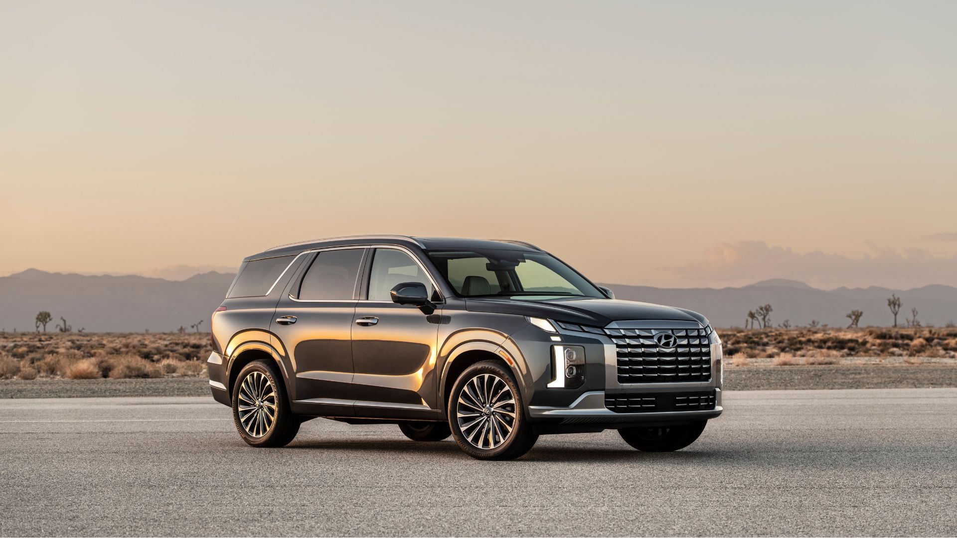 Static front 3/4 shot of a gray 2025 Hyundai Palisade parked on tarmac with mountains in the background as the sun sets.