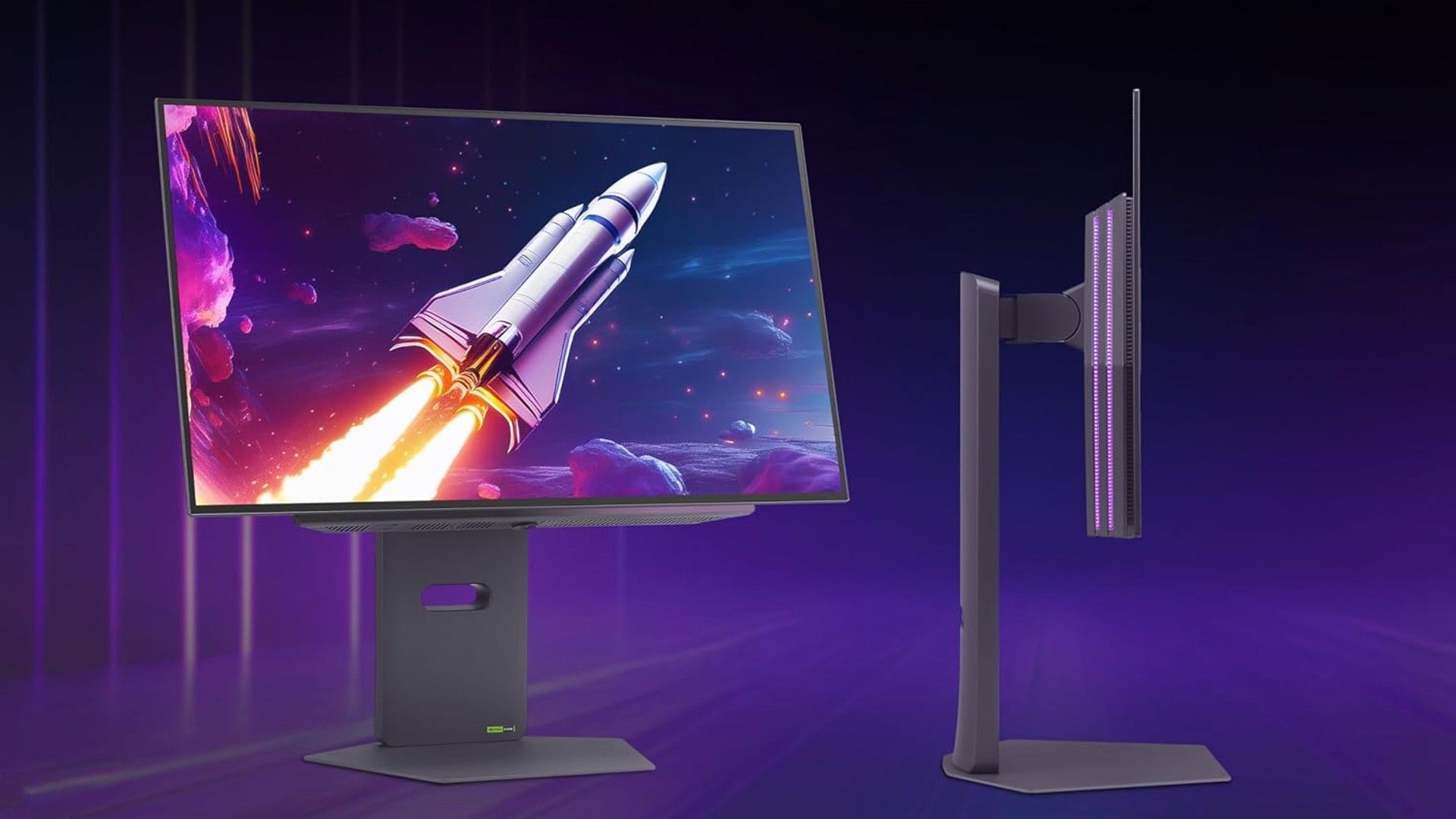 LG 27GX790A-B 27-inch Ultragear OLED Gaming Monitor from the front and side on a purple background, the screen shows a rocket blasting off.