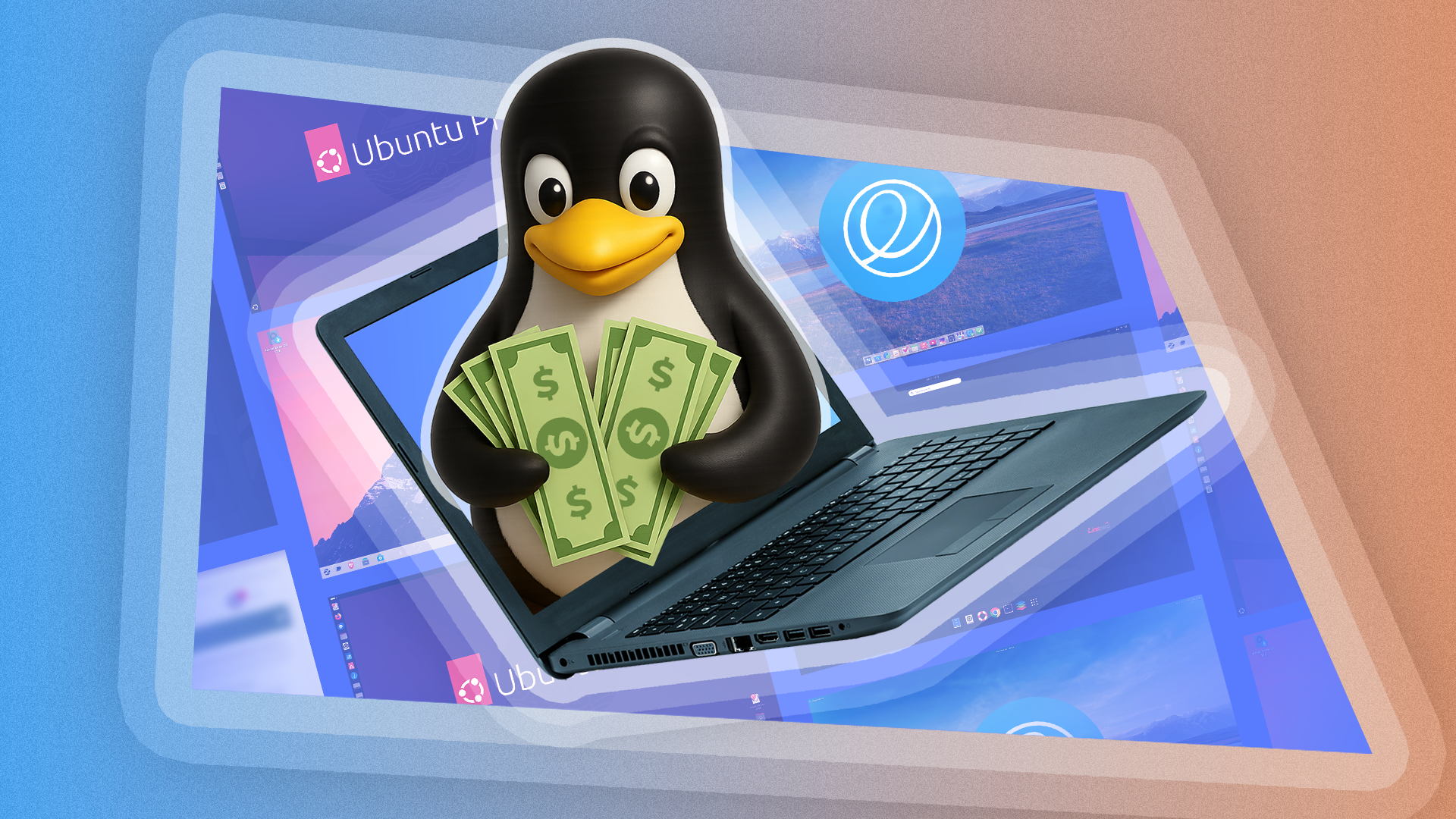 Linux mascot coming out of a laptop screen holding some bills, with a few Linux distros in the background.