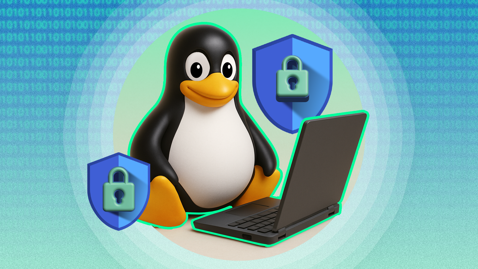 Linux mascot sitting next to a laptop with a security shield beside it.