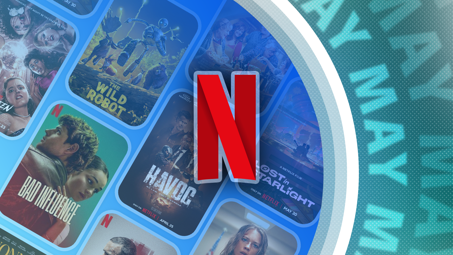 Netflix logo with several movies in the background.