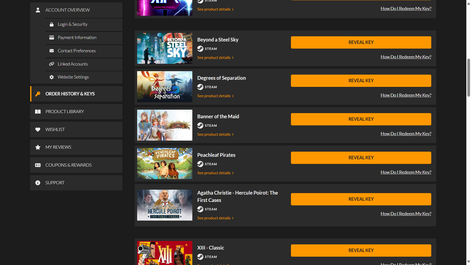 A list of game keys purchased through Fanatical.
