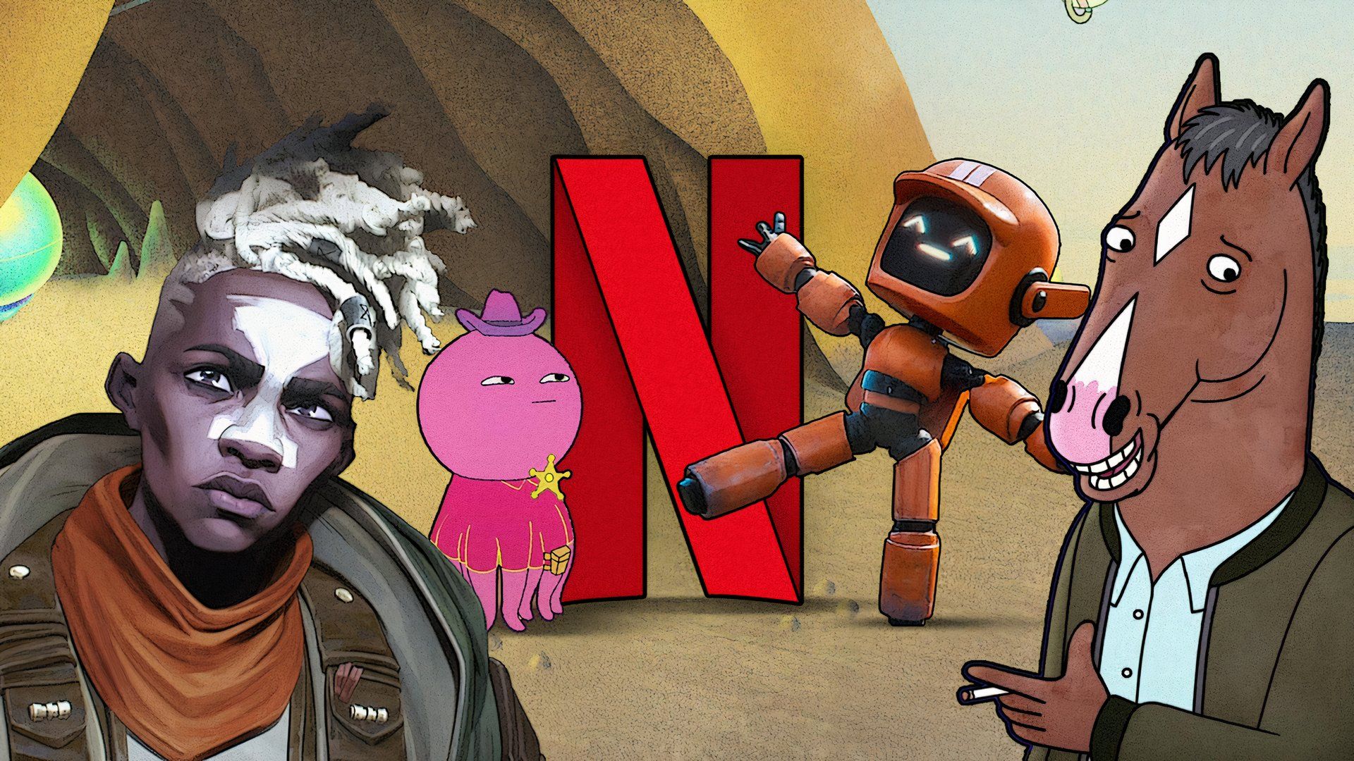 Netflix logo with some animated series characters around it.