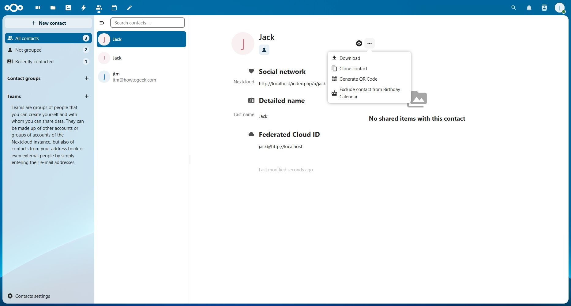 Nextcloud contacts individual screen