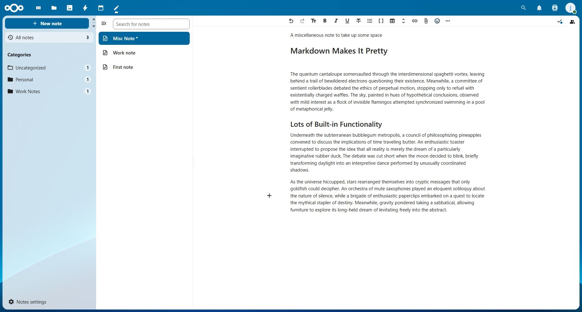 Nextcloud note main screen with note showing