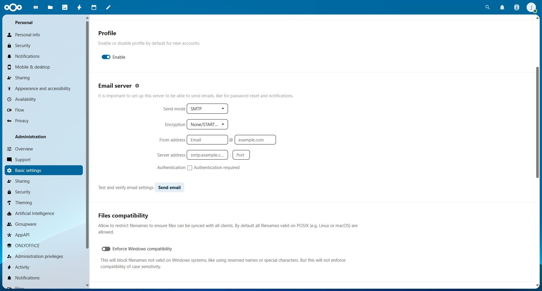 Nextcloud settings showing email configuration