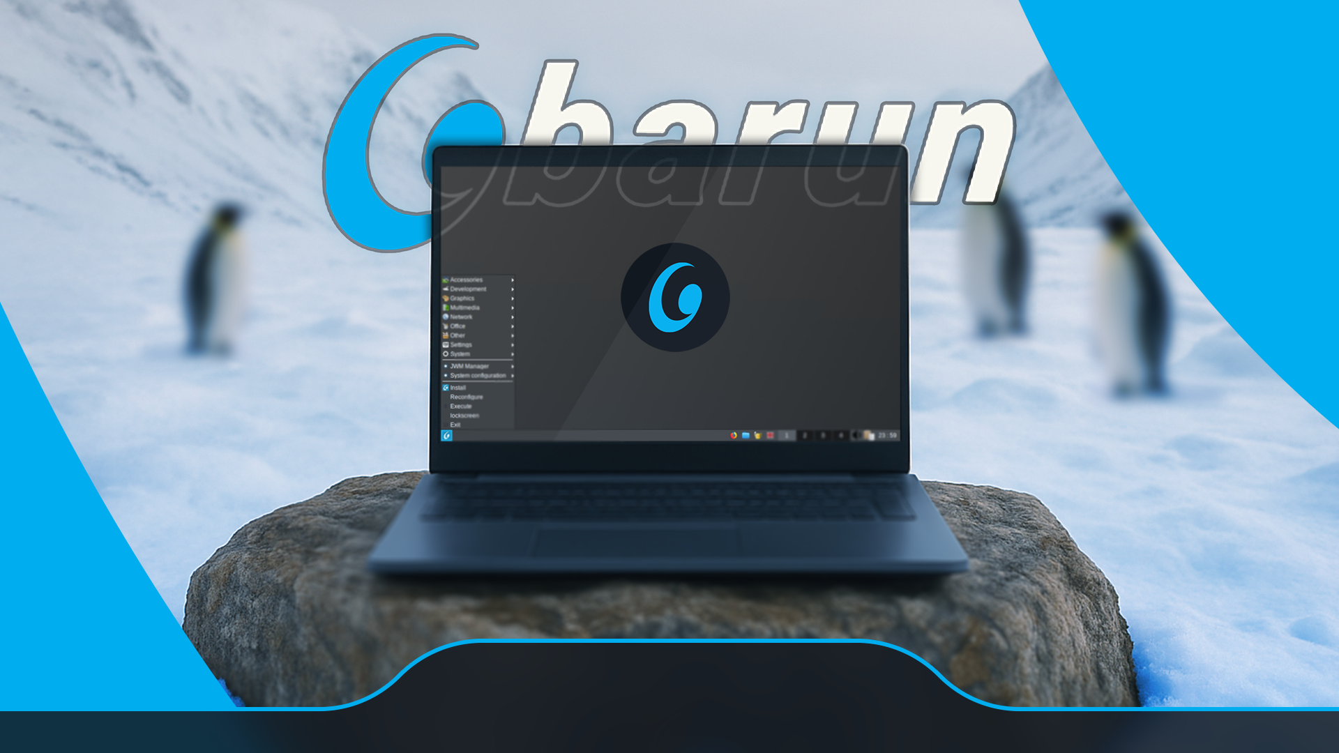 A laptop on a rock in the snow, running Obarun Linux, with the Obarun logo behind and blurred penguins in the background.