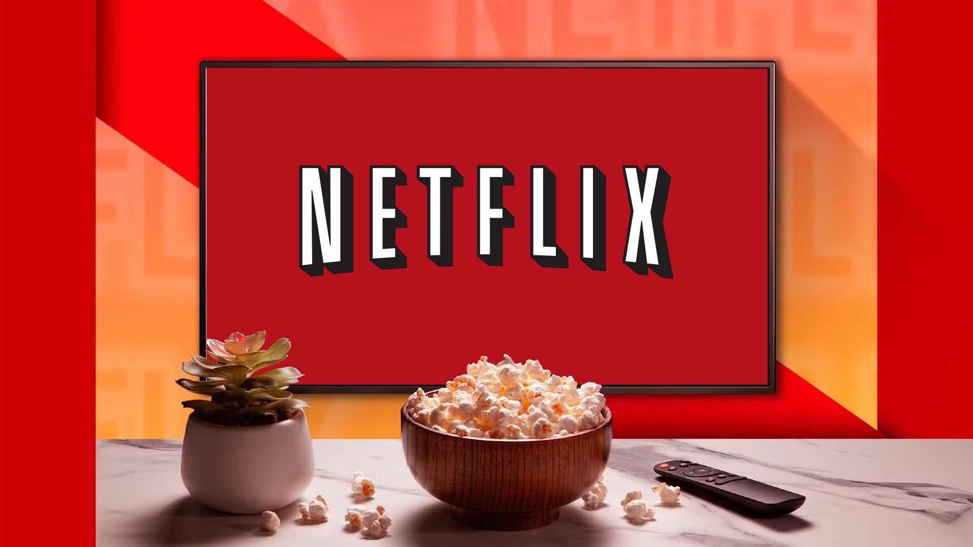 A tv with the old netflix logo with a plant a popcorn bowl and a remote control on a table.