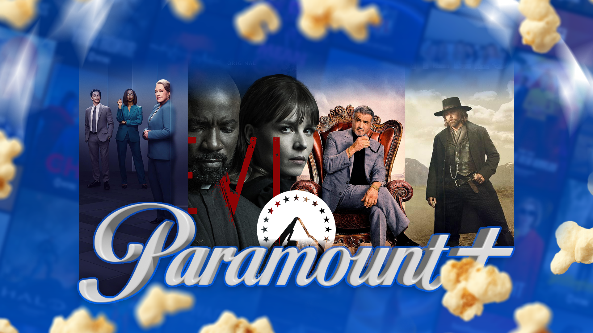 Paramount Plus logo with some series in the background and popcorn around.