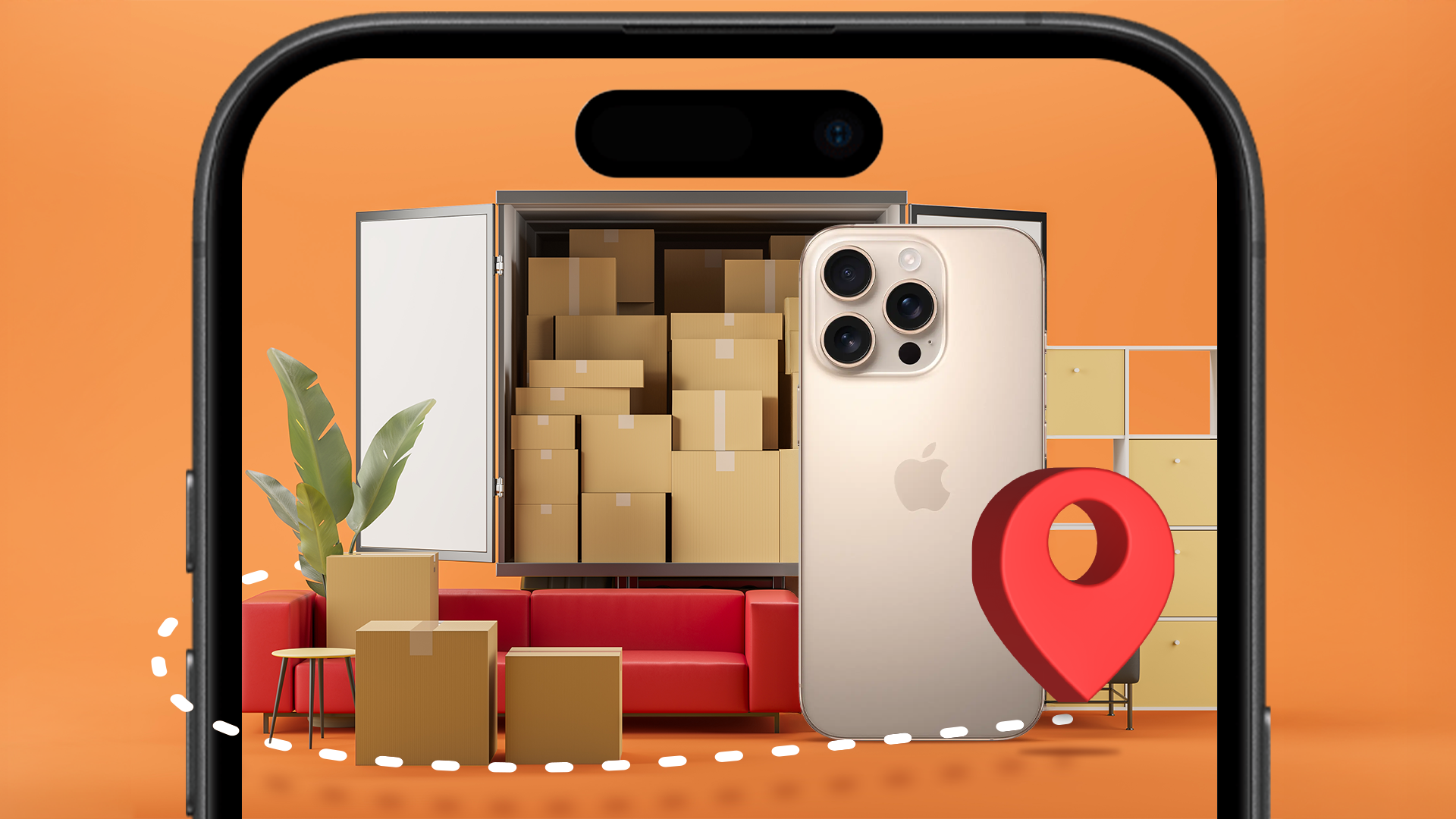 A truck with several cardboard boxes, a sofa, some furniture, and an iPhone next to it.