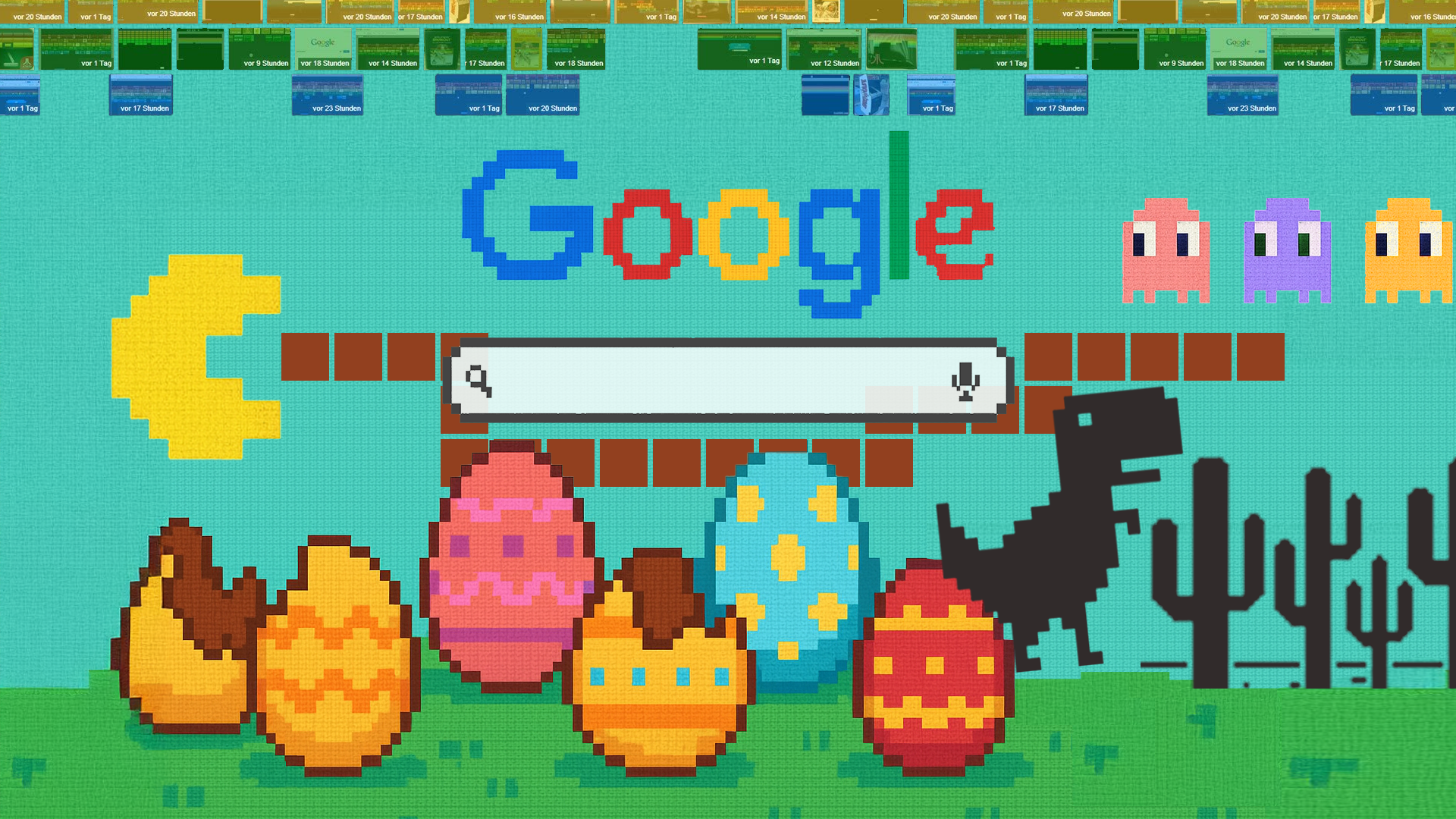Pixel art of the Google logo with a search bar and Easter eggs below, along with some famous games.
