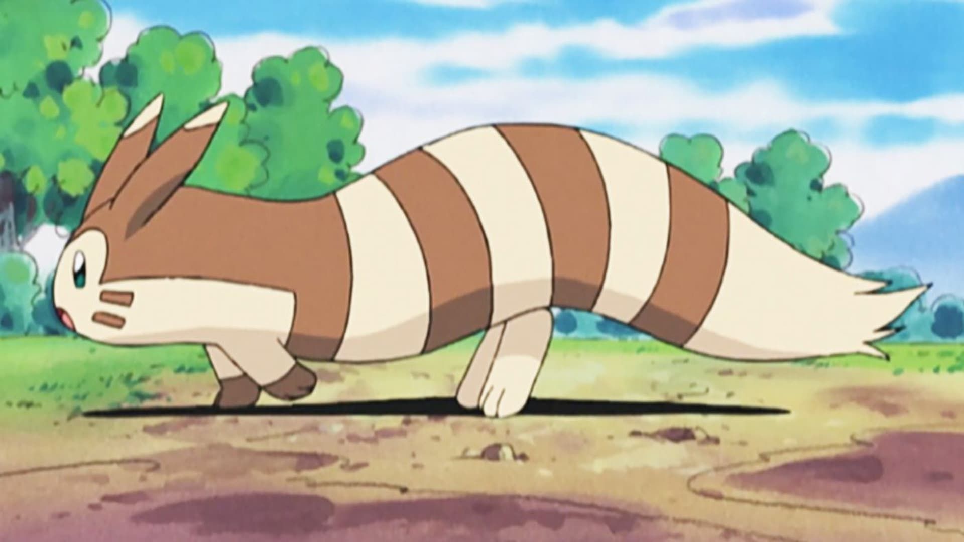 A Furret walking sideways in the Pokémon anime series.