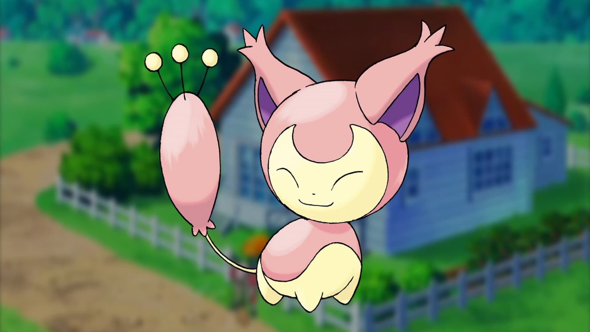 The Pokémon Skitty placed on a background of a house.