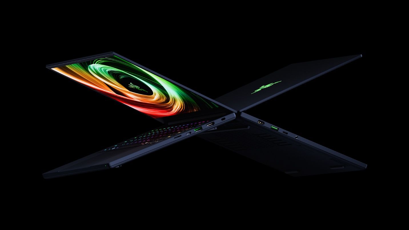 Razer Blade 14 laptop back to back with a second Razer Blade 14 showing off the sides and screen