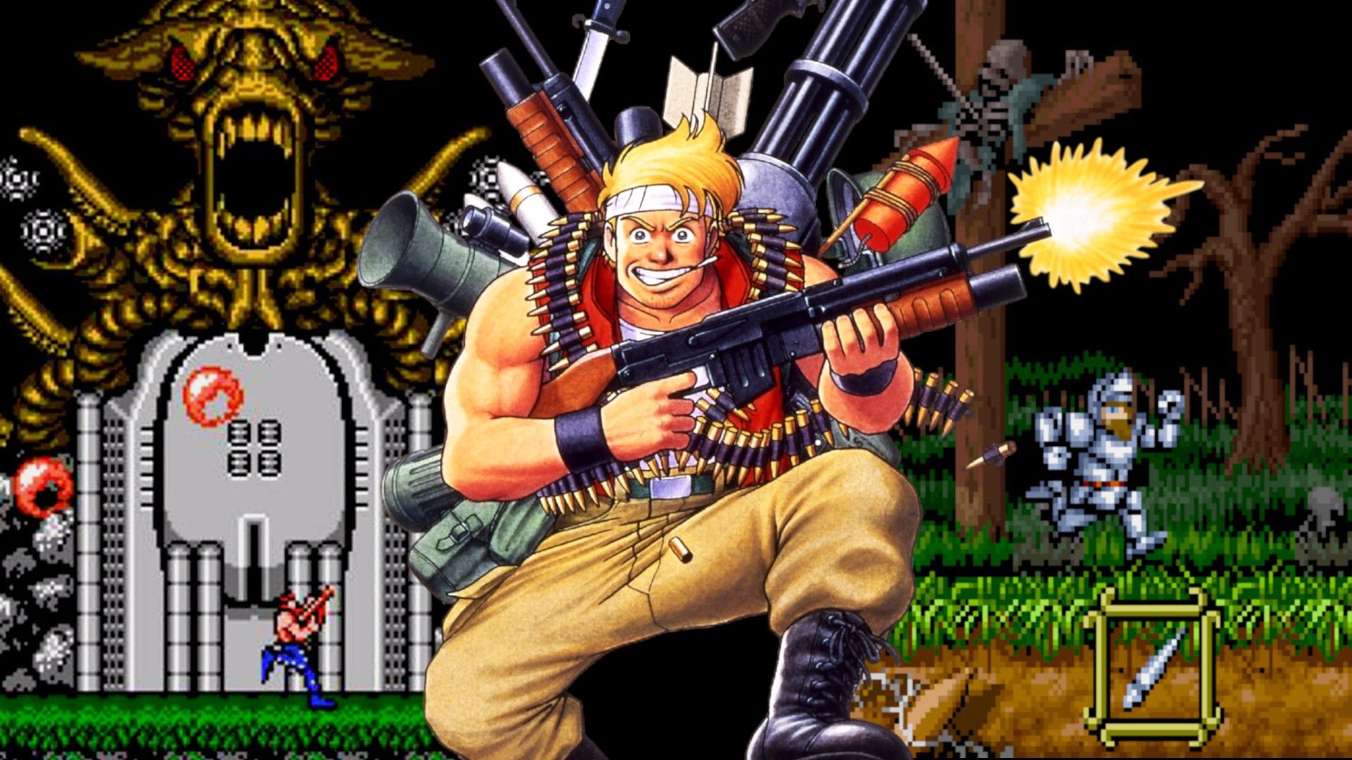 A picture of Marco from Metal Slug with gameplay of Contra and Ghouls 'n Ghosts in the background.