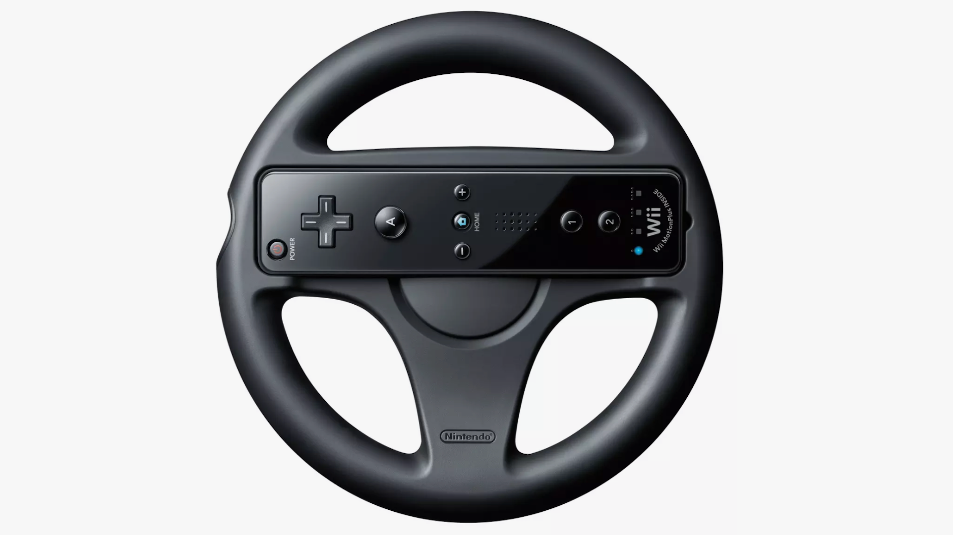 Black Mario Kart Wii Wheel with a black Wiimote.