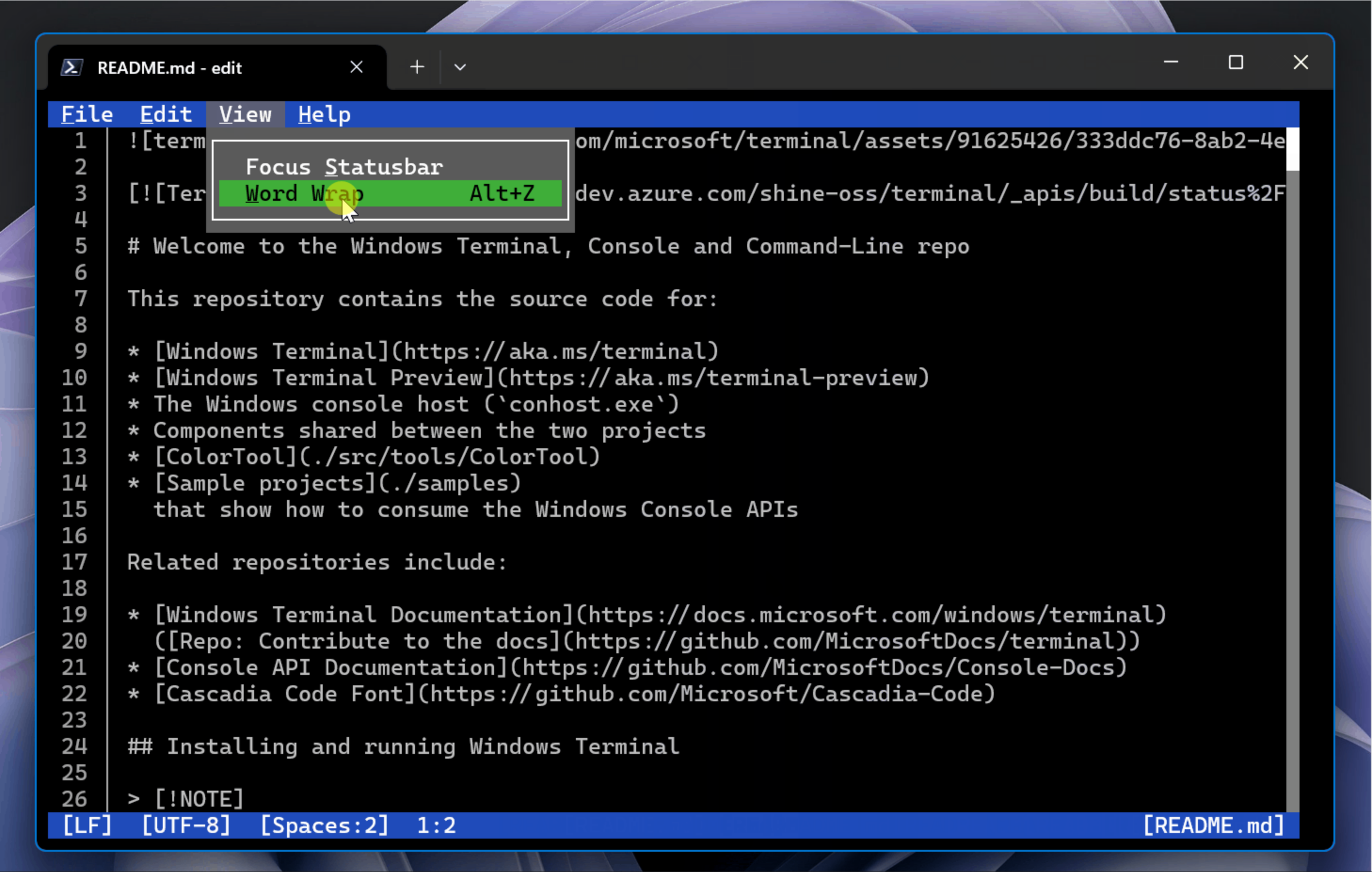 Word wrap option in Microsoft Editor.