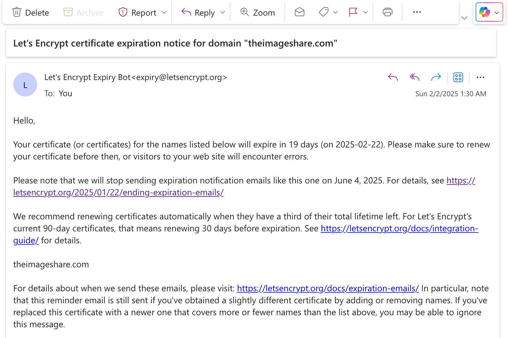 Let's Encrypt certificate expiration notice email.