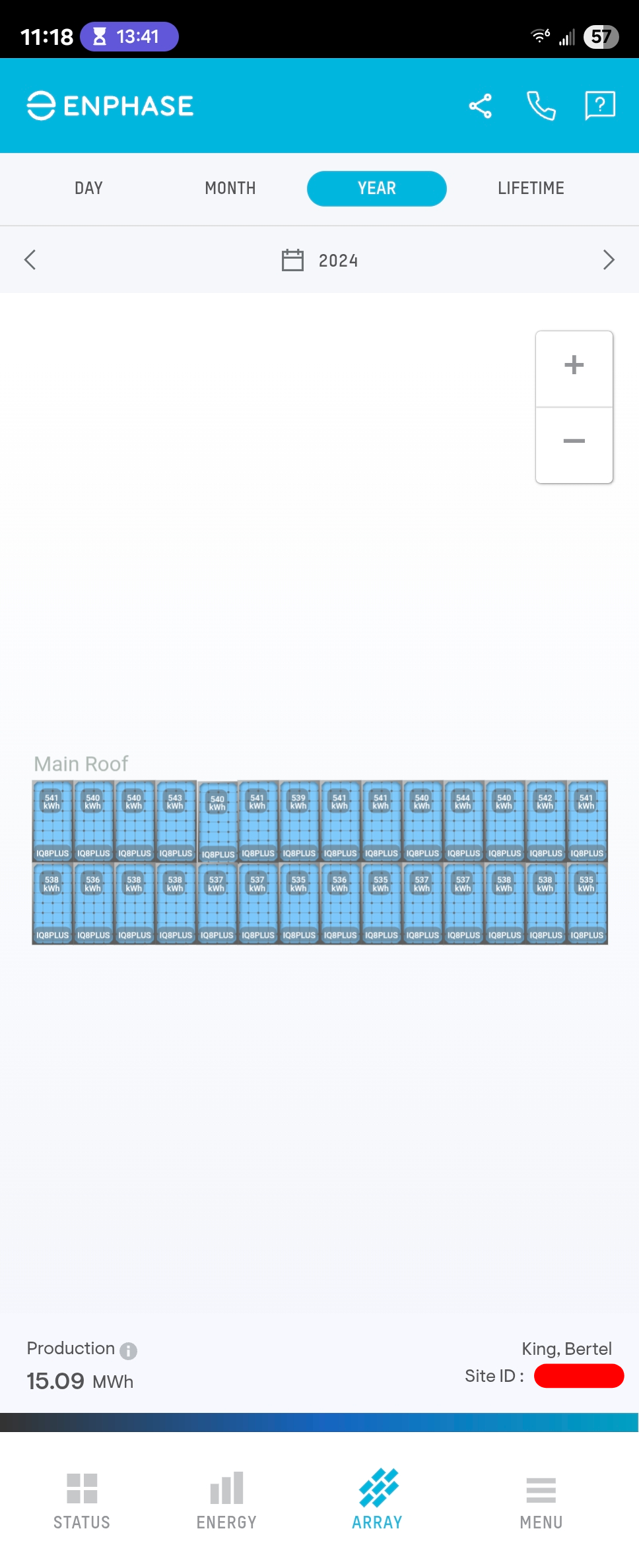 A solar array's energy production for one year in the Enphase Enlighten Android app.