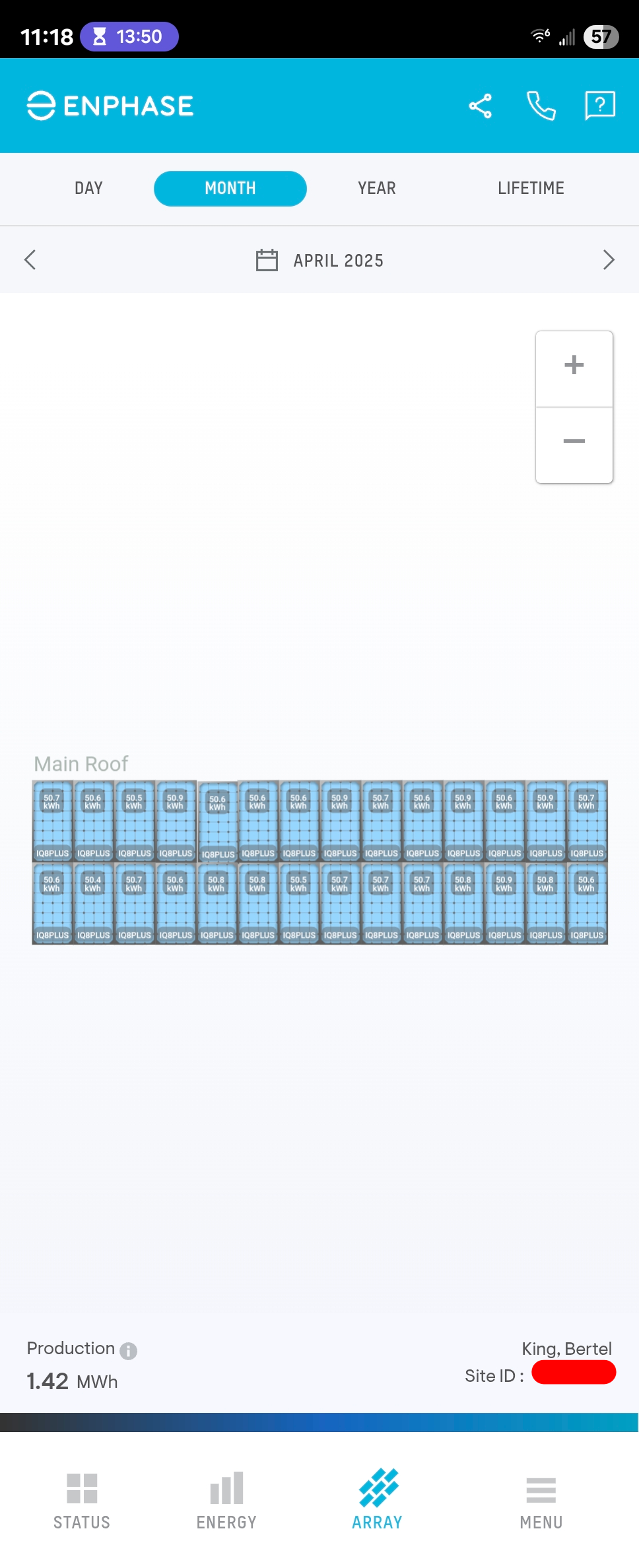 A solar array's energy production for one month in the Enphase Enlighten Android app.