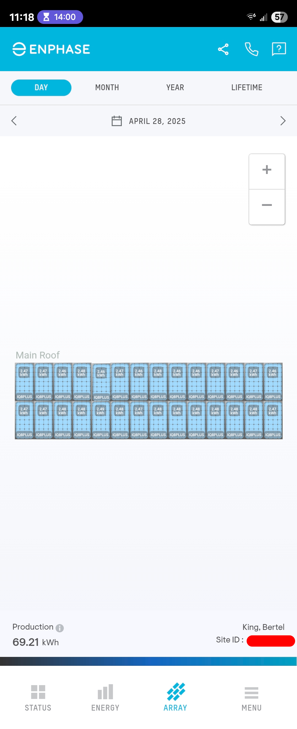 A solar array's energy production for one day in the Enphase Enlighten Android app.