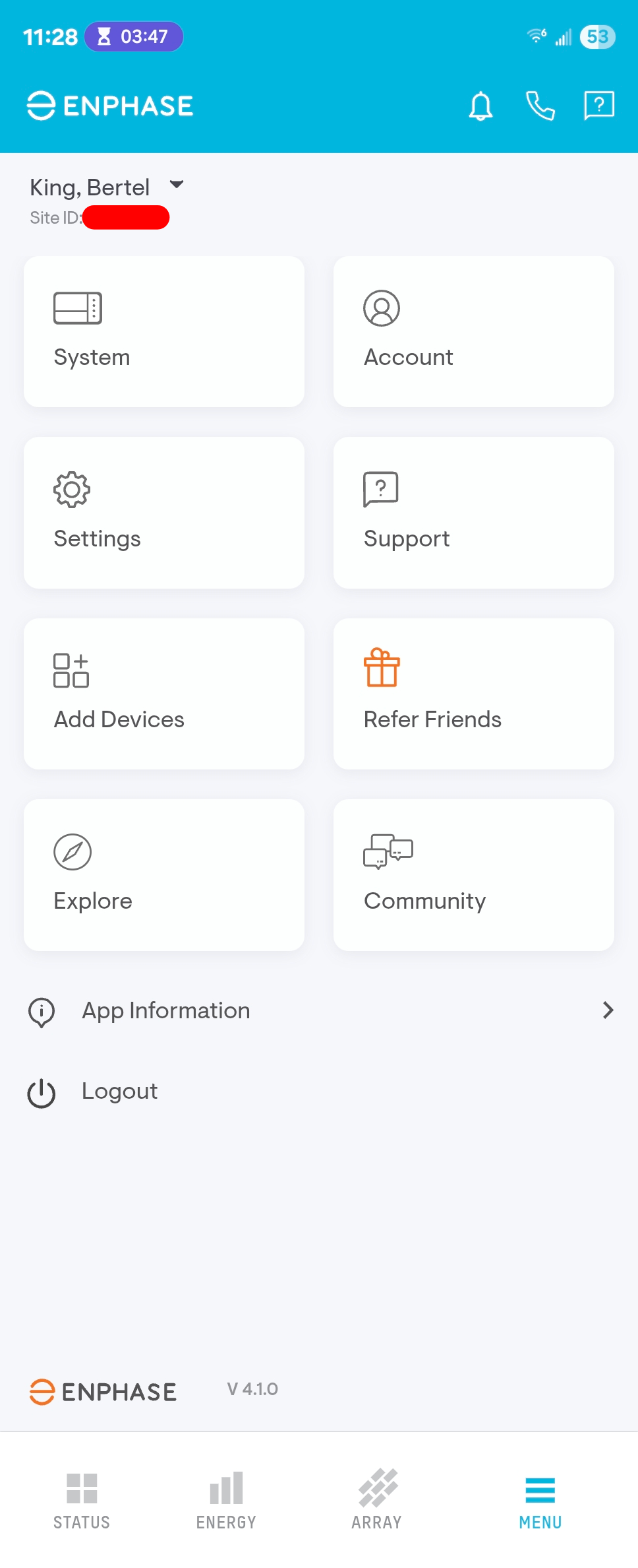 Settings in the Enphase Enlighten Android app.