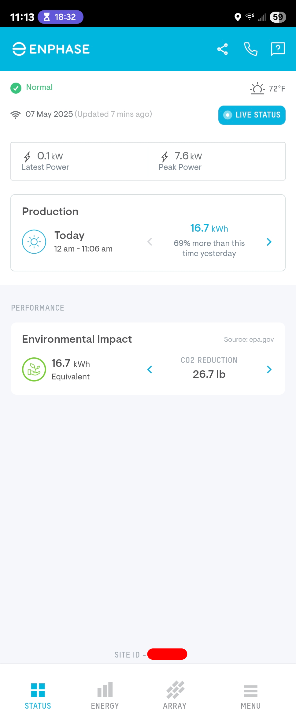 The main status screen on the Enphase Enlighten Android app.