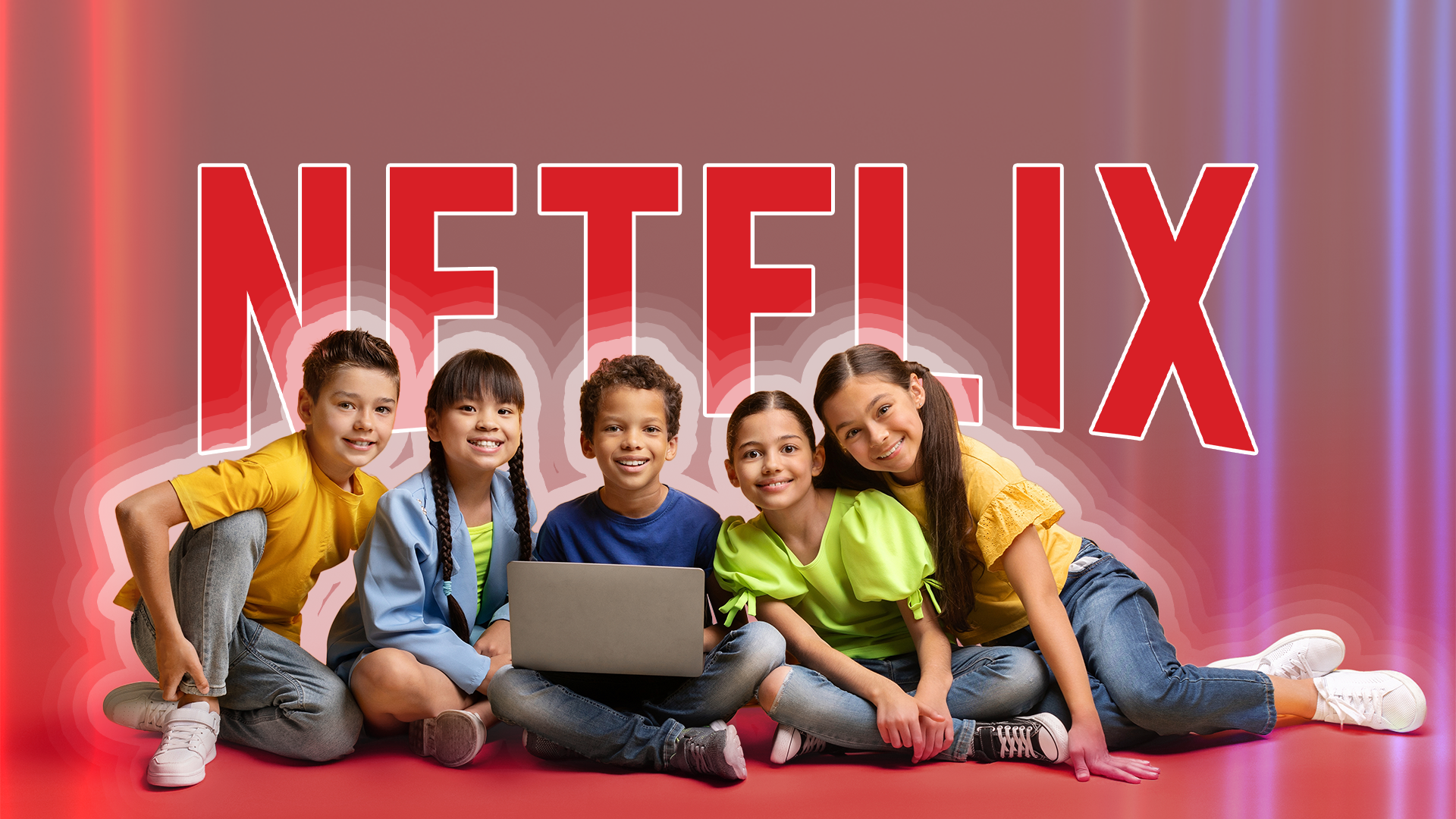 Several children together with a laptop and the Netflix logo in the background.