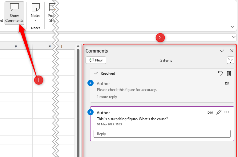 Show Comments is activated in Excel, with the Comments pane displaying two comment threads.