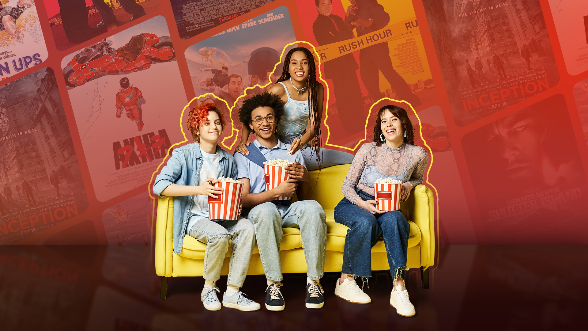 Some friends on a couch holding a bucket of popcorn, with various movie covers in the background.
