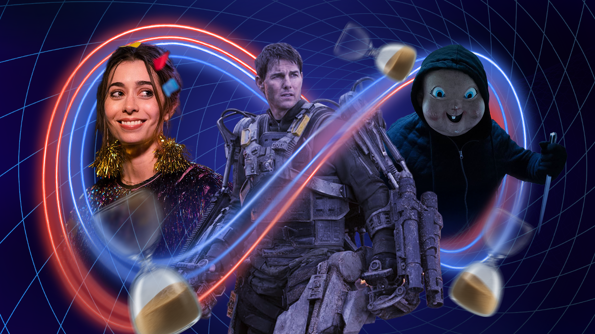 Some time loop movies with a loop icon surrounding them and some hourglasses around.