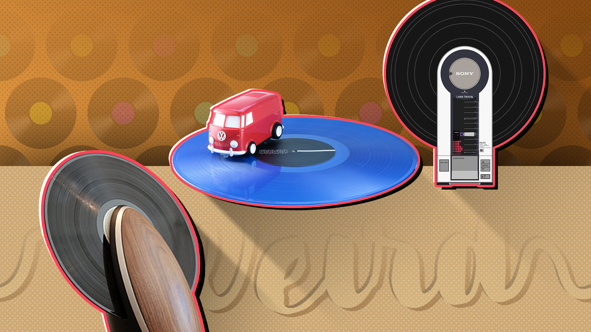 Some weird record players, with the word 'weird' written below and several records in the background.