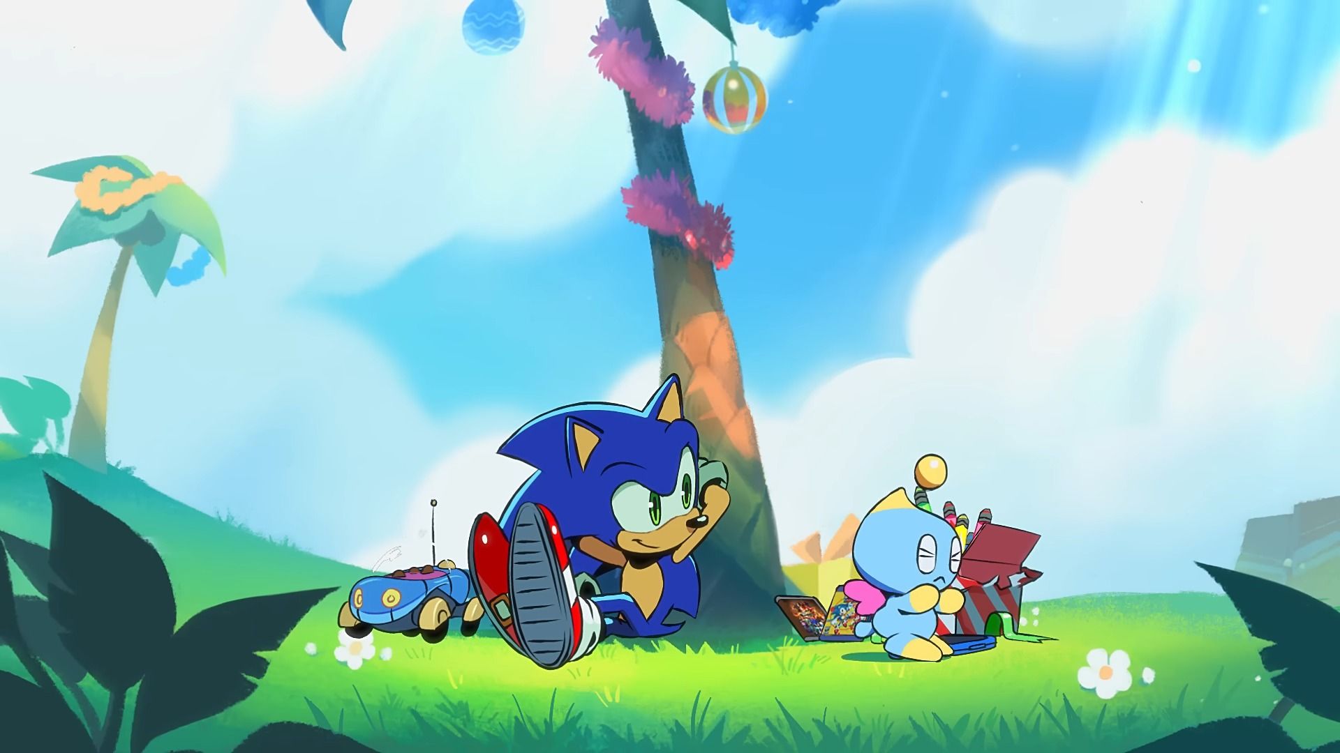 Sonic watching over a Chao in the Sonic Presents: Chao in Space animation.