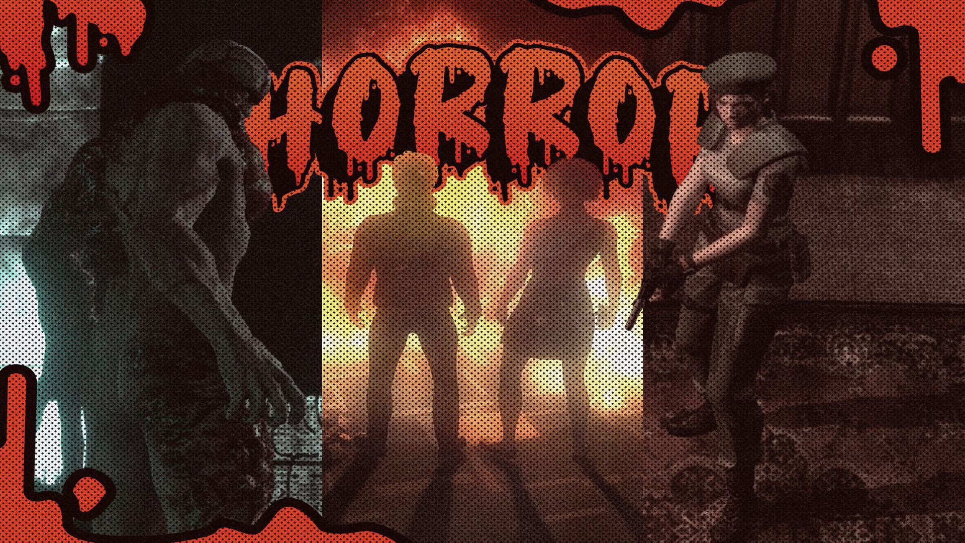 Split screen in three with horror game scenes and 'Horror' written in the center.
