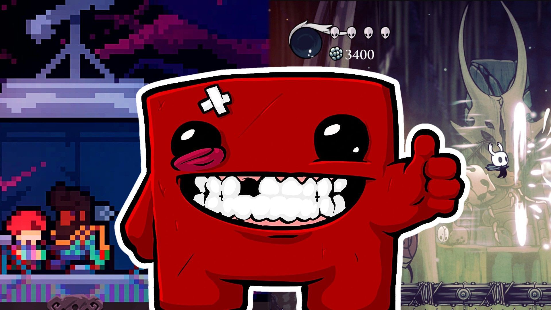 Super Meat Boy in between a Hollow Knight player shooting a magic missile and a Celeste player speaking to a male NPC.