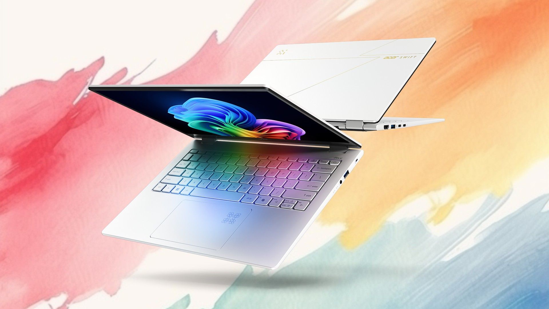 Swift Edge 14 AI SFE14-51T showing off the front and the back with a colorful item on screen on a colorful background