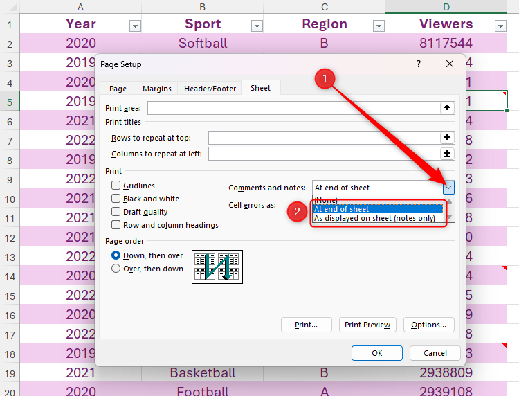The Comments And Notes section of the Sheet tab in Excel's Page Setup dialog box is highlighted.
