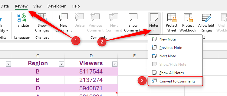 The Convert To Comments option in the Notes drop-down menu in Microsoft Excel.