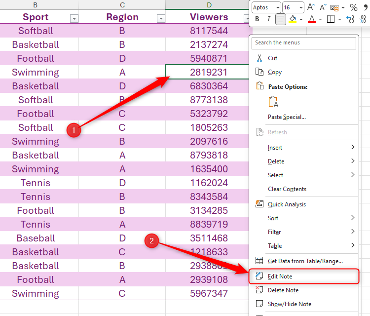 The Edit Note button in the right-click menu of a cell containing a note in Excel is selected.