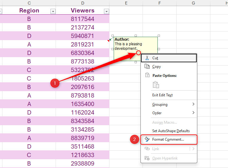 The Format Comment option in the right-click menu of a Microsoft Excel note.