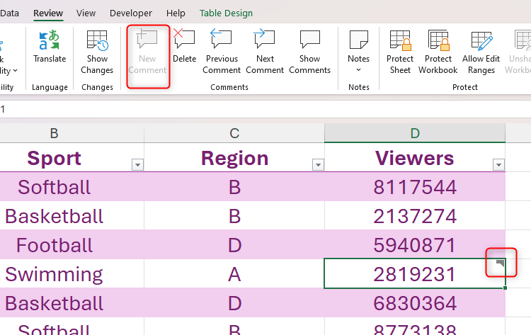 The New Comment and cell tag are gray in a cell that already contains a comment in Excel.