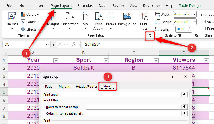 The Page Setup dialog box in Microsoft Excel.