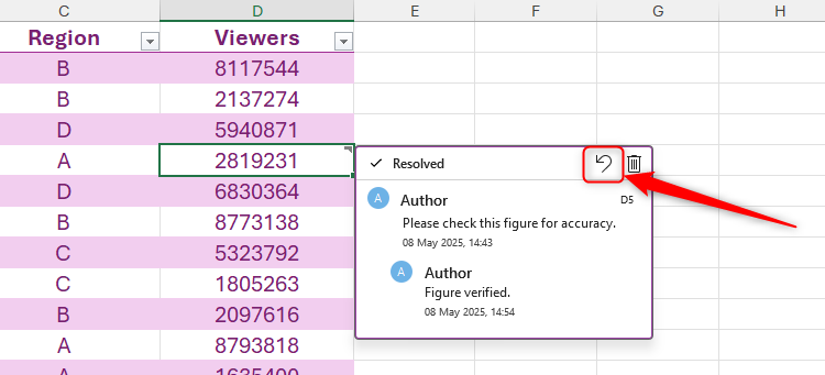 The Reopen Thread button on a comment in Microsoft Excel.